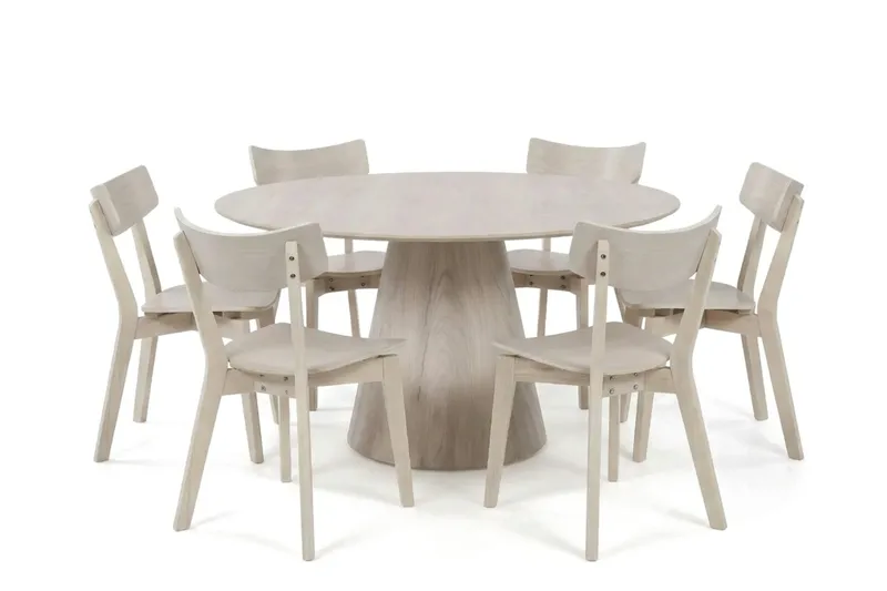 Siena Matgrupp 150 cm runt Vitlaserad med 6 Amelia Matstolar - Vitlaserad - Products - Möbler - Bord & matgrupp - Matgrupp
