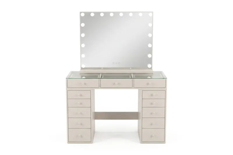 Glow Sminkbord 120 cm med Glasskiva Förvaring och Lådor samt Spegel 80 cm med Belysning, Beige