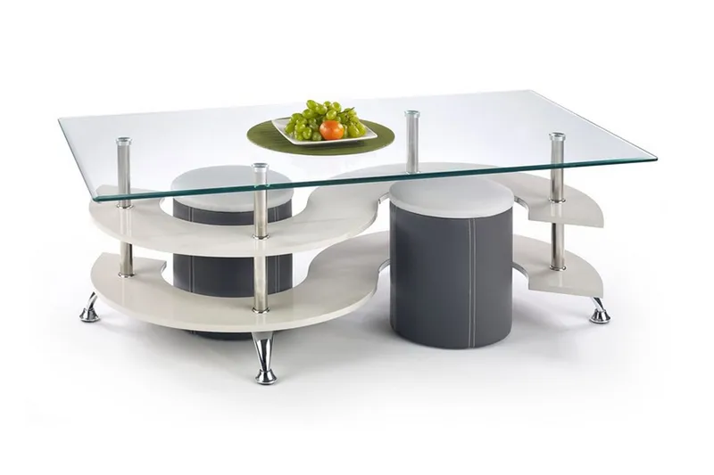 Nina Soffbord med Pallar 130 cm med Förvaring Hylla, Glas/Grå/Vit