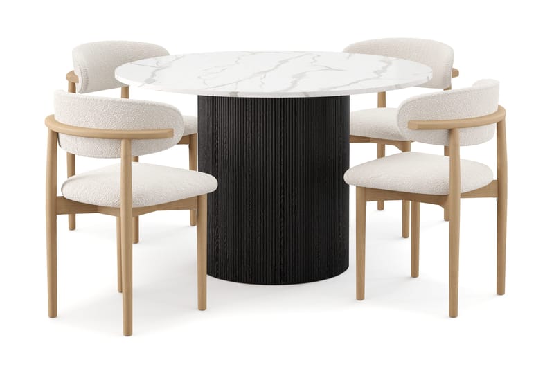 Uppveda Matbord 120 cm Rund med 4 st Jaiveer Matstolar, Svart/Vit