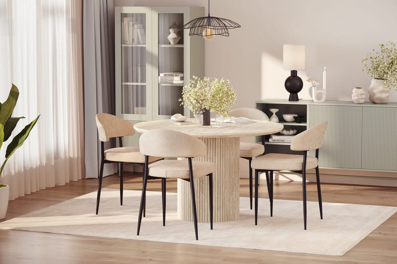 Uppveda Runt Matbord 120cm Travetin utseende med 4 st Jairam Matstolar - Beige - Products - Möbler - Bord & matgrupp - Matgrupp