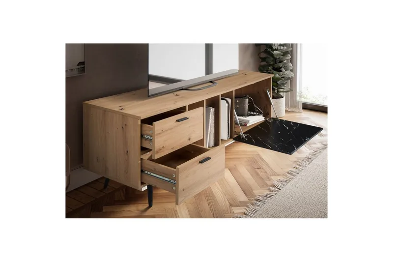 Lowboard Wohnling modernt spånskiva, 2 lådor, 1 dörr, förvaringsbrickor, metallben, modern stil Ek, Marmor, Svart - Ek, Marmor, Svart - Products - Möbler - TV- & Mediamöbler - TV bänk & mediabänk