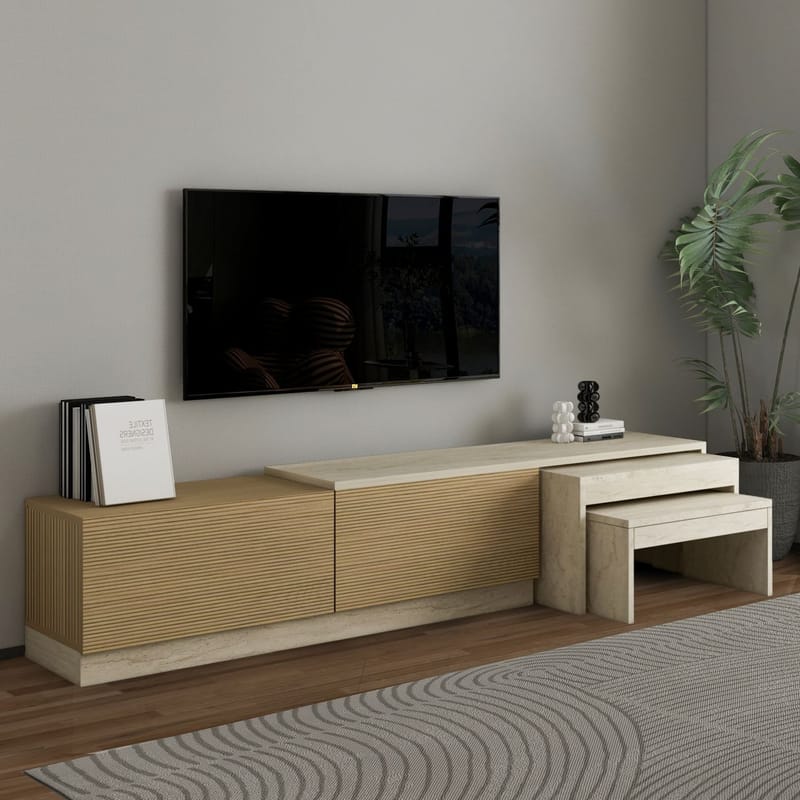 Zalven TV-bänk 180x36x30 cm - travertin och varm ek - Products - Möbler - TV- & Mediamöbler - TV bänk & mediabänk