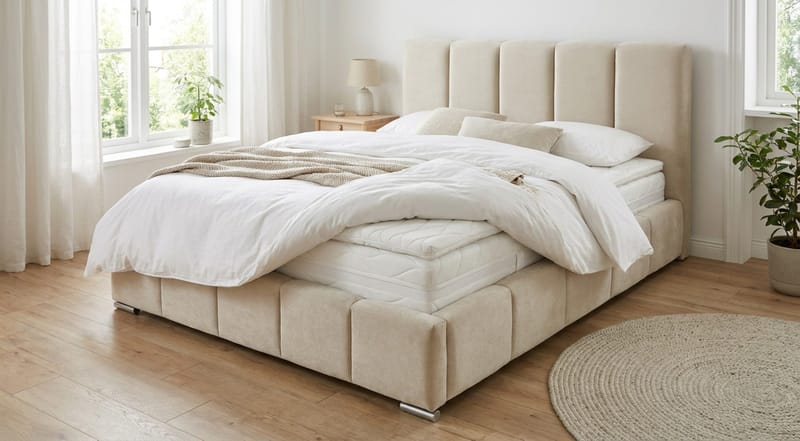 Cleaton Bubblig Sängram 180x200 cm med Förvaring HVILA Pocketresårmadrass och Bäddmadrass i Polysterskum med Tvättbar klädsel - Beige/Vit - Products - Möbler - Säng - Komplett sängpaket