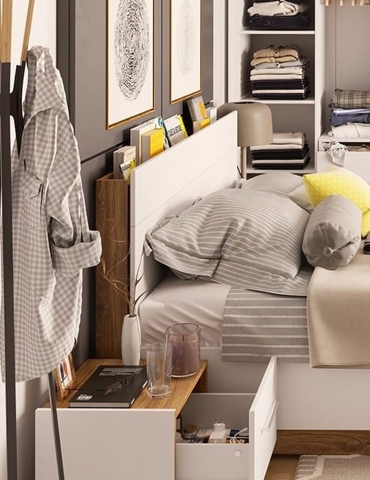 Dentro säng med förvaring 160 x 200 cm - Vit/ek - Vit/stirling ek - Products - Möbler - Säng - Säng med förvaring