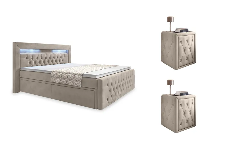 Franco Komplett Sängpaket med förvaring LED-belysning 180x200 cm + 2st Franco Sängbord - Beige / Sammet - Products - Möbler - Säng - Säng med förvaring