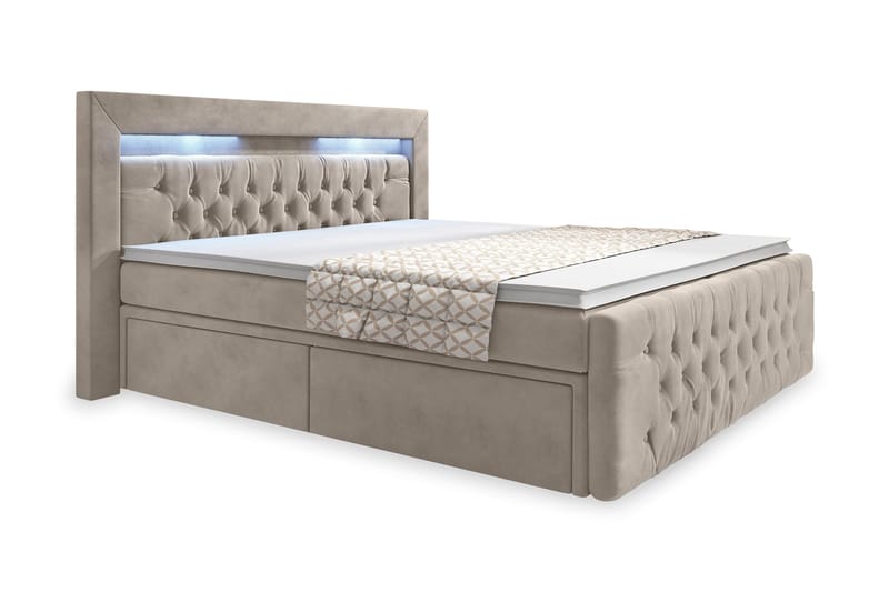 Franco Komplett Sängpaket med förvaring LED-belysning 180x200 cm + 2st Franco Sängbord - Beige / Sammet - Products - Möbler - Säng - Säng med förvaring