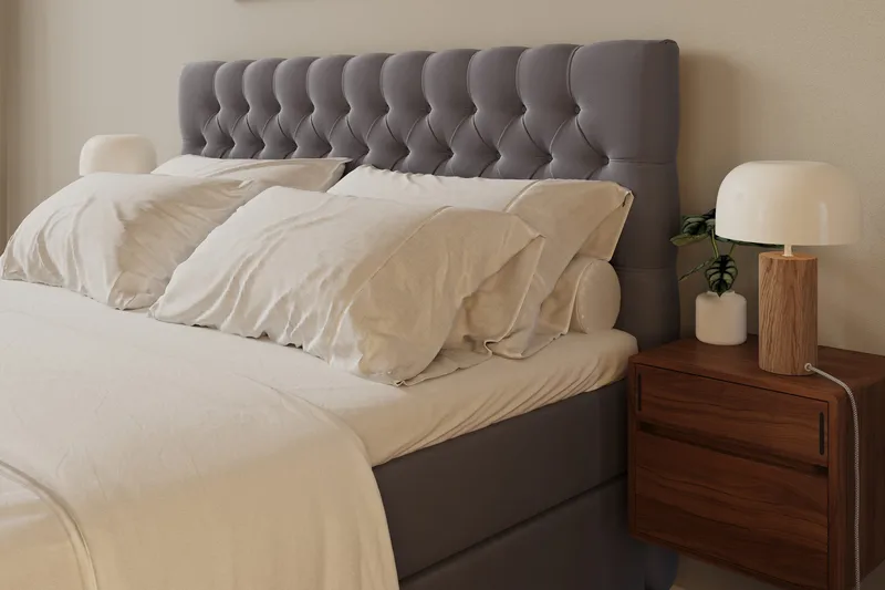 Hilton Lyx Komplett Sängpaket 180x200 cm Kontinentalsäng med knappad sänggavel i sammet - Grå - Products - Möbler - Säng - Kontinentalsäng