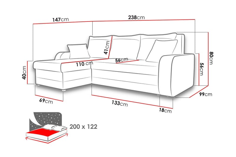 Alvared 3-sits Hörnbäddsoffa Universal - Röd/Grå - Products - Möbler - Soffa - Bäddsoffa - Bäddsoffa divan