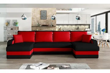 Alvared 4-sits Bäddsoffa med Dubbeldivan med Förvaring - Svart/Röd - Products - Möbler - Soffa - Bäddsoffa - U bäddsoffa