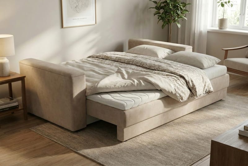 Bergen Extra djup 3-sits Bäddsoffa med Bäddmadrass i Polyesterskum Vändbar Sommar- & Vintersida och Tvättbar klädsel - Beige - Products - Möbler - Soffa - Bäddsoffa - 3 sits bäddsoffa