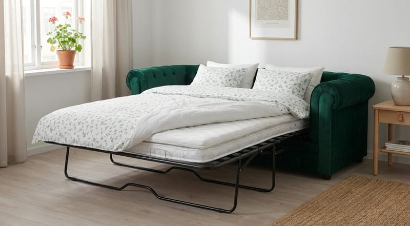 Chesterfield Lyx 3-sits Framåtbäddad Bäddsoffa med HVILA Bäddmadrass 140x200 cm Polyesterskum med Tvättbar klädsel - Grön/Vit - Products - Möbler - Soffa - Bäddsoffa - 3 sits bäddsoffa