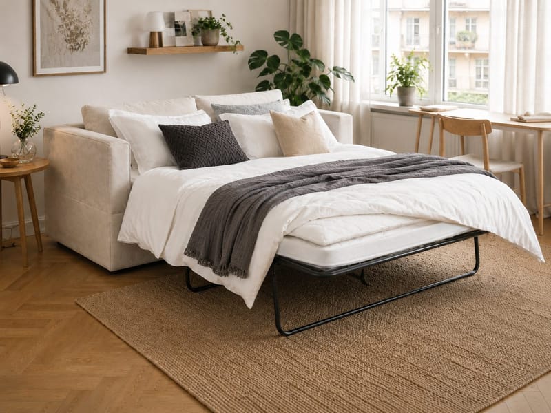 Travstad 3-sits Bäddsoffa med HVILA Bäddmadrass 140x200 cm Polyesterskum Vändbar Sommar & Vintersida och Tvättbar klädsel - Beige/Vit - Products - Möbler - Soffa - Bäddsoffa - 3 sits bäddsoffa