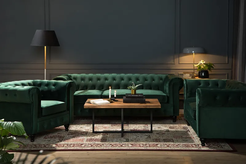 Chesterfield Lyx 2-sits Liten sammetssoffa - Djup soffa 160 cm bred - Grön - Products - Möbler - Soffa - 2 sits soffa