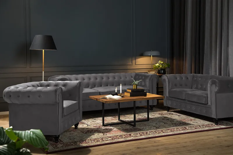 Chesterfield Lyx 3 sits Sammetssoffa - Djup soffa - Mörkgrå / Grå - Products - Möbler - Soffa - Chesterfield soffa