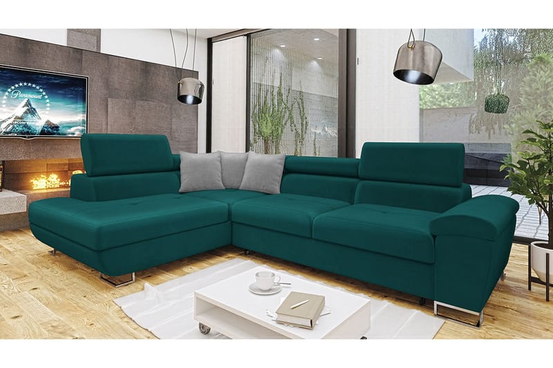 Reginia Soffa med Schäslong 3-sits - Turkos/Ljusgrå - Products - Möbler - Soffa - Divansoffa & schäslongsoffa - 3 sits soffa med divan