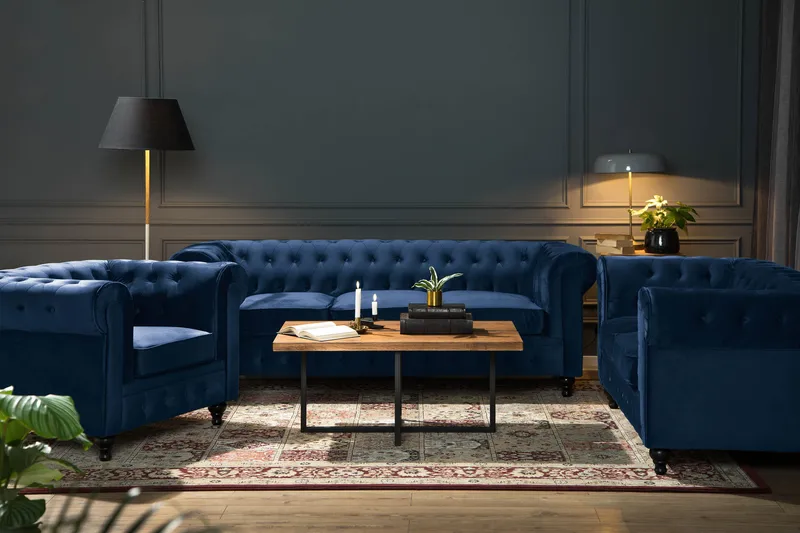 Chesterfield Lyx Soffgrupp 2-sits+3-sits Sammet - Blå - Products - Möbler - Soffa - Soffgrupp - Chesterfield soffgrupp