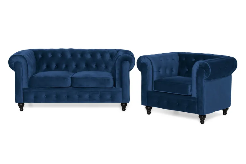 Chesterfield Lyx Soffgrupp 2-sits+Fåtölj Sammet, Blå