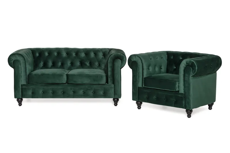 Chesterfield Lyx Soffgrupp 2-sits+Fåtölj Sammet, Mörkgrön