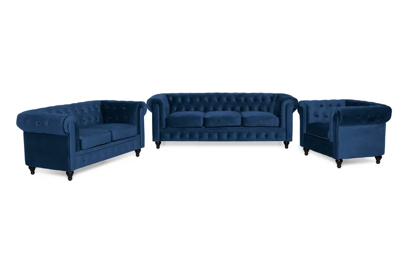 Chesterfield Lyx Soffgrupp 3+2+1 i Sammet - Blå - Products - Möbler - Soffa - Soffgrupp - Chesterfield soffgrupp
