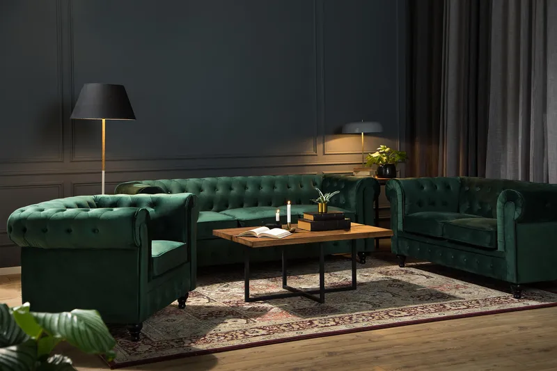 Chesterfield Lyx Stor skön djup sammetsfåtölj - Fåtölj till vardagsrum - Mörkgrön - Products - Möbler - Fåtölj & stolar - Fåtölj - Chesterfield fåtölj