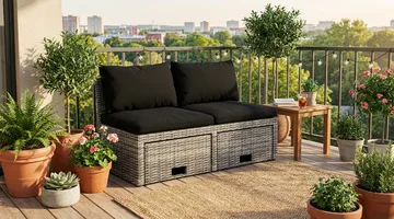 Bahamas Liten Balkongsoffa med dynor och pallar i konstrotting - Grå - Products - Utemöbler & utemiljö - Balkong & altan - Balkongmöbler - Balkongsoffa