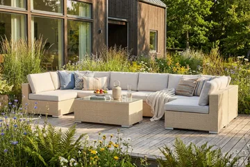 Bahamas U-formad utomhus loungegrupp med öppet avslut, 8-sits med bord - Beige - Products - Utemöbler & utemiljö - Loungemöbler - Loungeset & loungegrupp