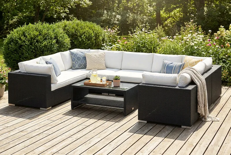 Bahamas U-formad utomhus loungegrupp med stängt avslut, 9-sits med bord och hylla - Svart - Products - Utemöbler & utemiljö - Loungemöbler - Loungeset & loungegrupp