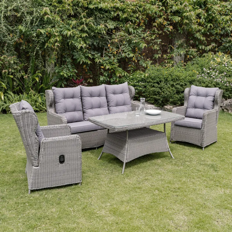 California utemöbelgrupp med recliner soffa, fåtöljer och bord - Grå konstrotting, Grå
