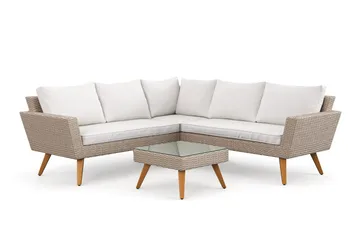 Karlskrona 5-sits Loungegrupp utomhus med vita dynor soffbord i konstrotting med glasskiva - Brun - Products - Utemöbler & utemiljö - Loungemöbler - Loungeset & loungegrupp