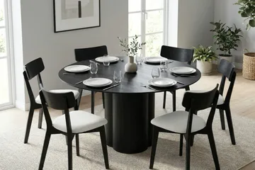 Juno Matgrupp 150 cm runt i Svart med 6 Amelia Matstolar med Dyna - Svart/Beige - Products - Utemöbler & utemiljö - Utegrupp - Matgrupp utomhus