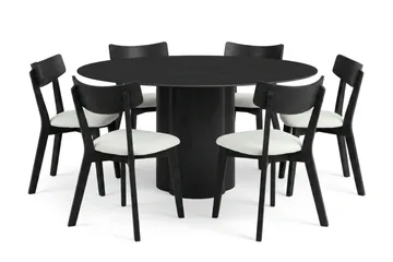 Juno Matgrupp 150 cm runt i Svart med 6 Amelia Matstolar med Dyna - Svart/Beige - Products - Utemöbler & utemiljö - Utegrupp - Matgrupp utomhus