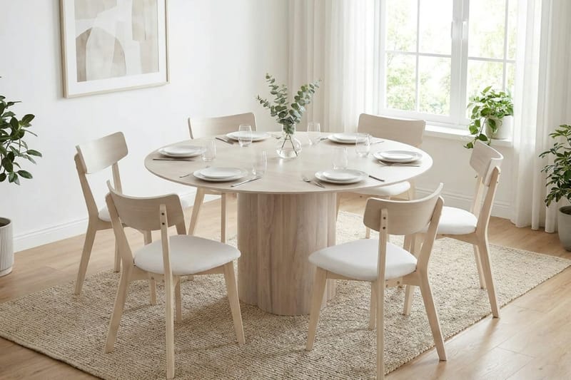 Juno Matgrupp 150 cm runt Vitlaserad med 6 Amelia Matstolar med Dyna - Vitlaserad/Beige - Products - Utemöbler & utemiljö - Utegrupp - Matgrupp utomhus