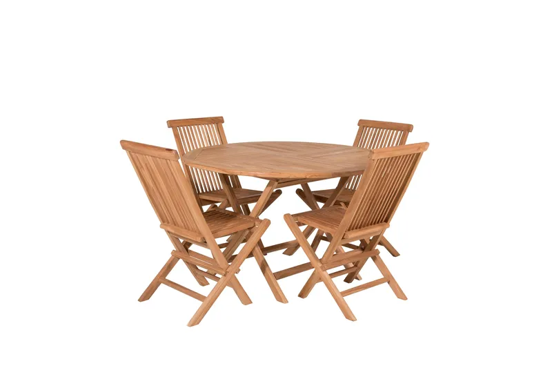 Kenya Matgrupp Utomhus Rund 120 cm + 4 Kenya Hopfällbar Stol, Brun