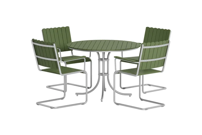 Kullaberg rund matgrupp utomhus med 4 stolar 104 cm stål aintwood, Grön