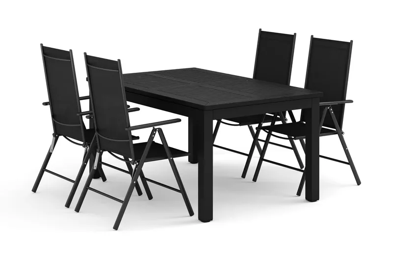 Monaco utomhus matgrupp förlängningsbart 150-250x90 med 4 Maggie positionsstolar, Svart/Grå