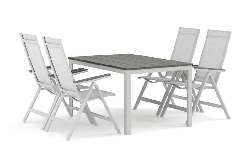 Tunis utomhus matgrupp 140x90 cm med 4 Monaco Light positionsstolar, Vit/Grå