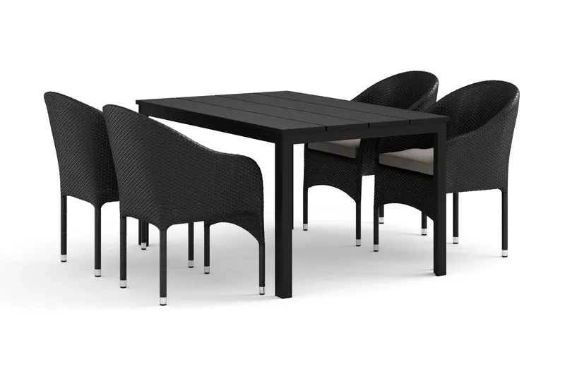 Tunis utomhus matgrupp 140x90 cm med 4 Thor fåtöljer, Svart/Svart