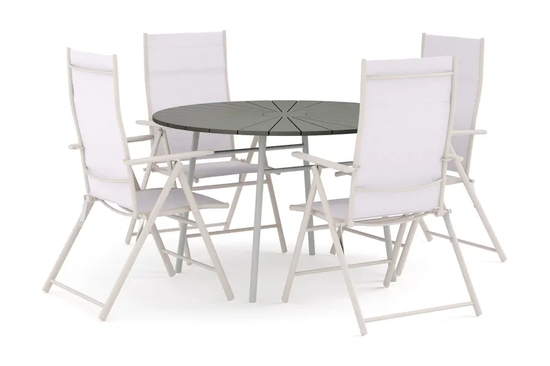 Tunis utomhus rund matgrupp 120 cm med 4 positionsstolar, Vit/Grå