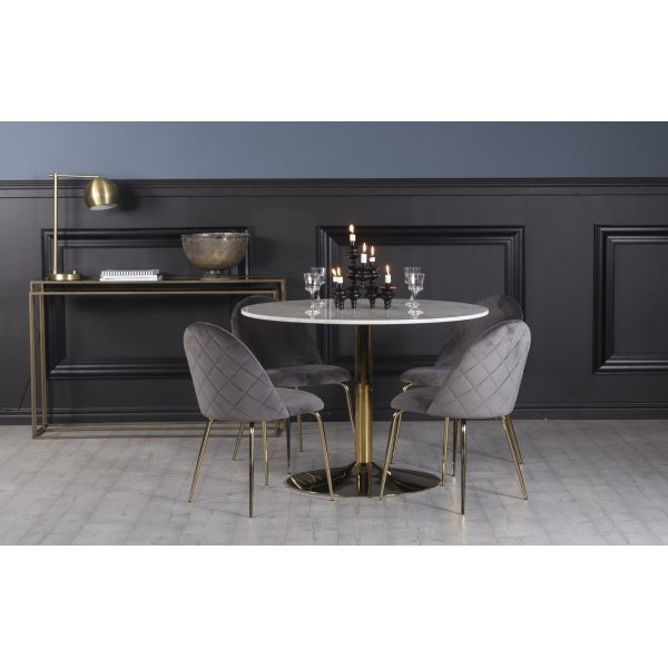 Plaza spisegruppe, marmorbord med 4 Plaza fljlstole - Gr / Hvid / Messing