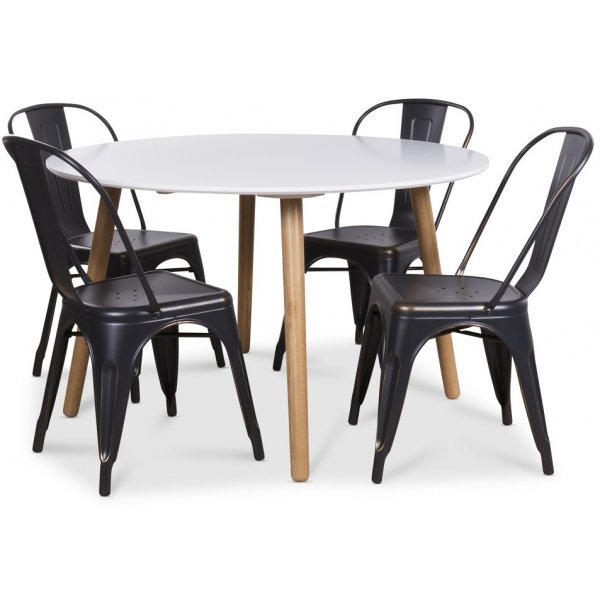 Rosvik spisegruppe, Rundt spisebord med 4 stk. Industry metalstole - Hvid/Sort/Guld