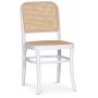 Edge spisegruppe; Spisebord i hvid HPL 140x90 cm med 4 hvide Tyko stole med rattan