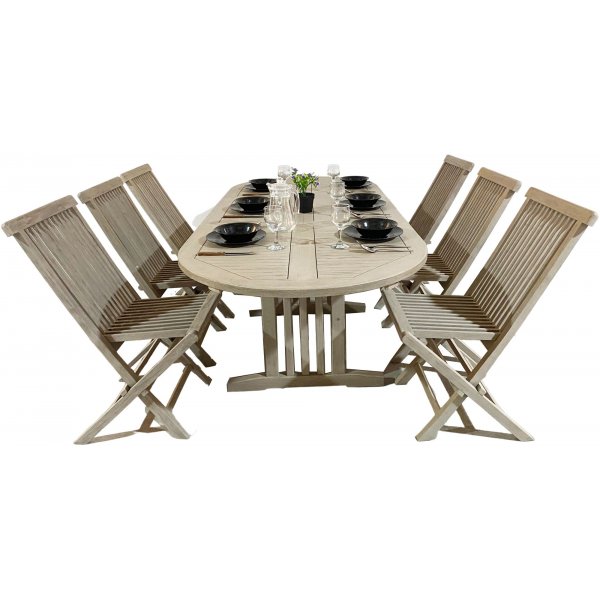 Salt udendrs spisegruppe ovalt 150-210 cm bord med 6 spisestuestole - Gr teaktr