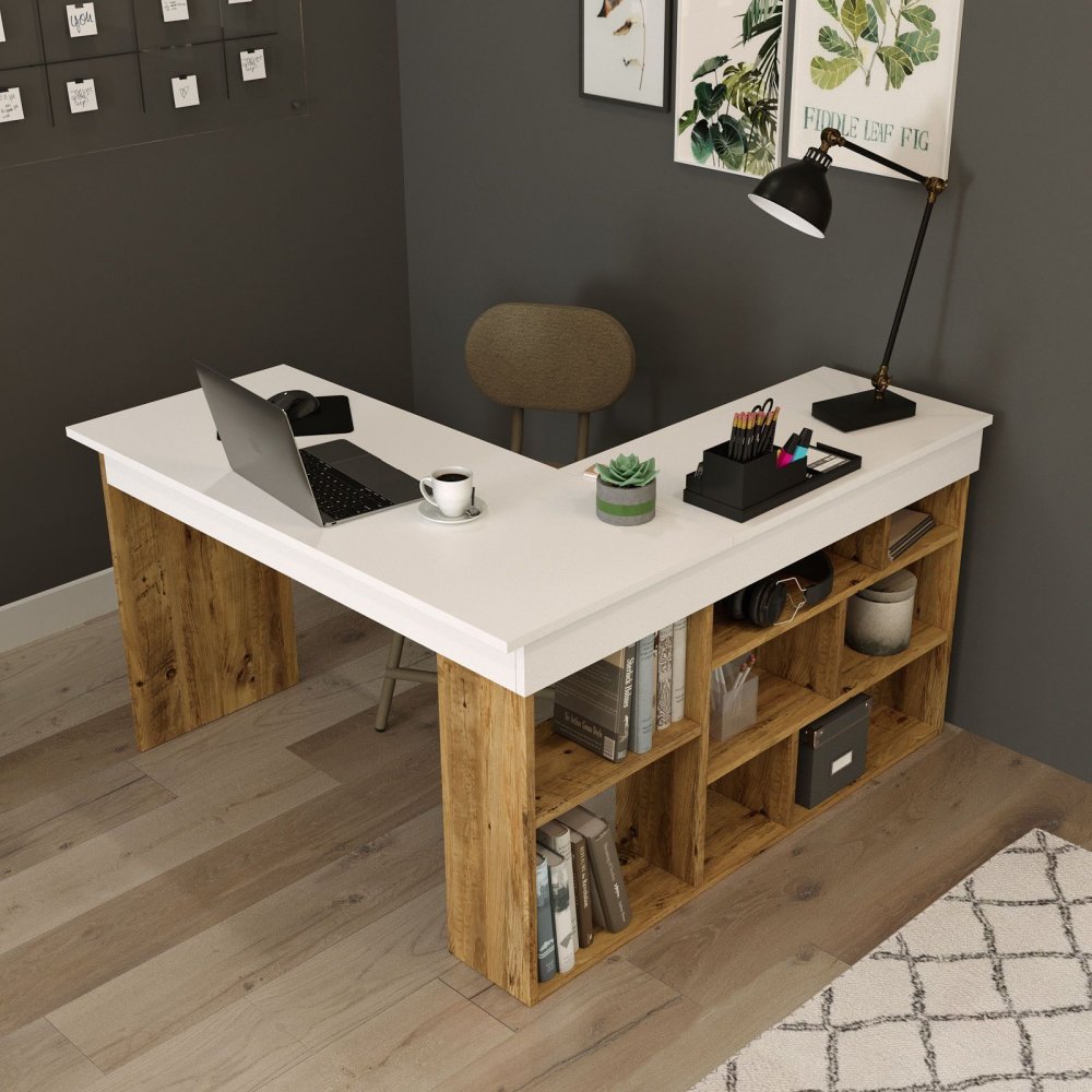 hjørne skrivebord 129x120 cm - Fyrretræ/hvid - 3495 DKK