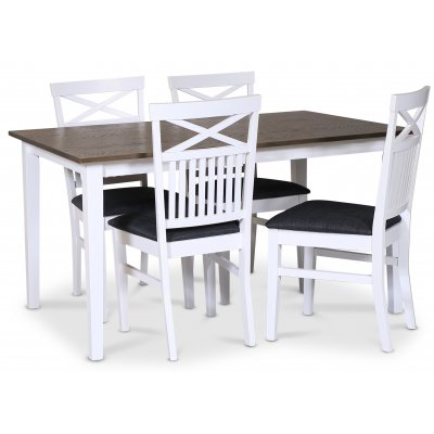 Skagen spisebordsst; klassisk spisebord 140x90 cm - Hvid/brunolieret eg med 4 Skagen stole (Kryds i ryggen) med grt stofsde