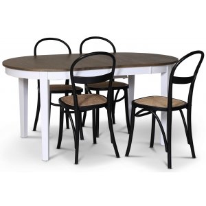 Skagen spisebordsst; spisebord 160/210x90 cm - Hvid / brunolieret eg med 4 stk. Danderyd No.16 stole Sort