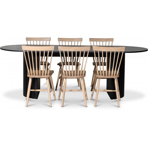 PiPi spisegruppe 230 cm inkl. 6 Trn hvidkalkede stokstole - Sortbejdset tr