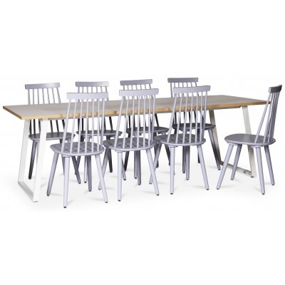 Edge spisegruppe; Spisebord i hvid HPL 240x90 cm med 8 gr Dalsland stokstole