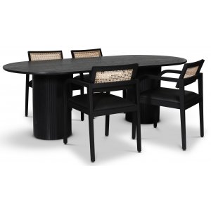 Nova spisebordssæt; ovalt spisebord, sortbejdset eg + 4 stk. Siknäs stole sort/rattan Nova spisebordssæt; ovalt spisebord, sortbejdset eg + 4 stk. Siknäs stole sort/rattan