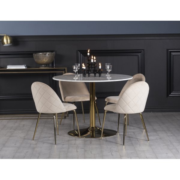 Plaza spisegruppe, marmor bord med 4 stk. Plaza fljlsstole - Beige/Hvid/Messing